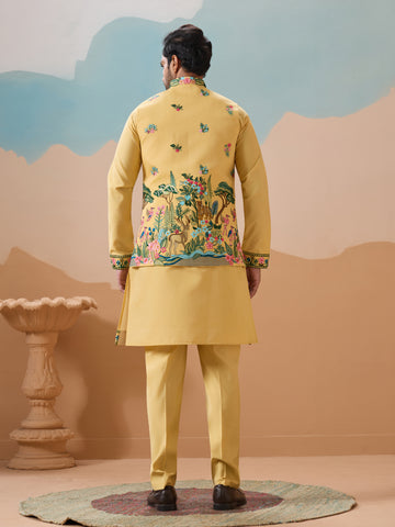 Haldi Special Yellow Classic Koti Kurta Set for Mens Wear