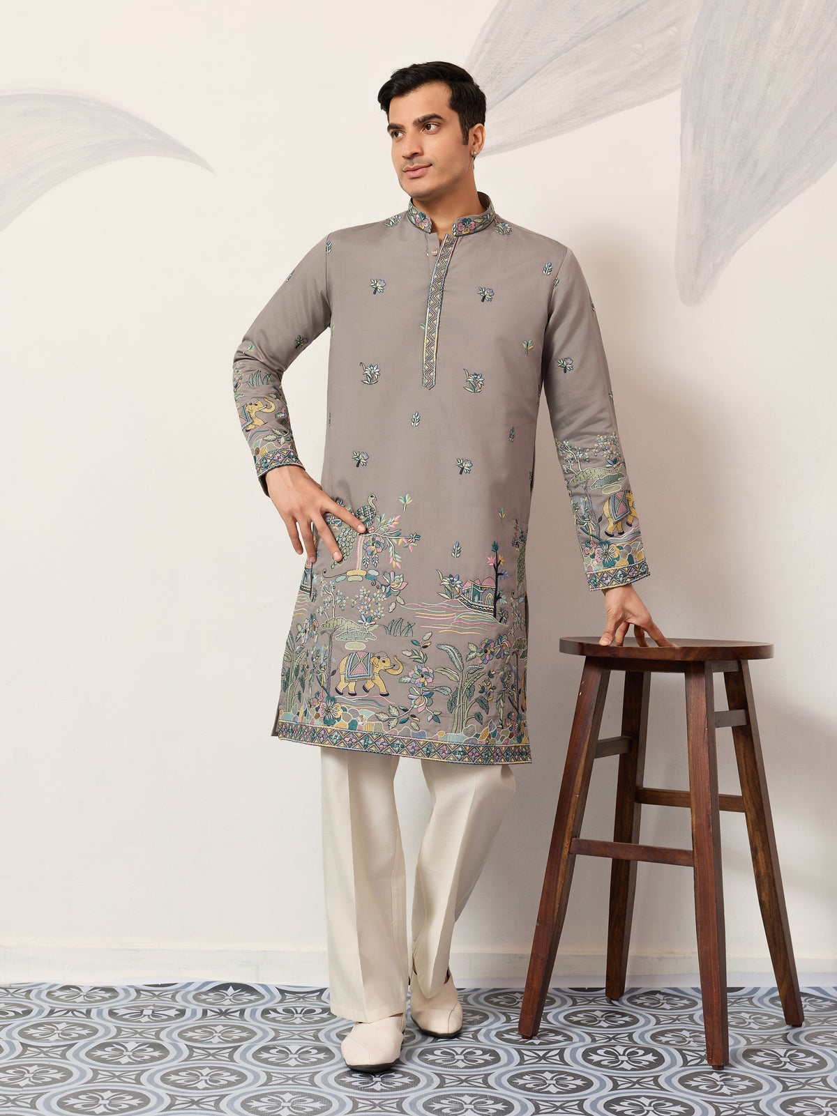 Wedding Traditional Look Grey Kurta for Mens Wear