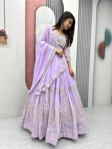 Heavy Sequence & Thread Work Rani Pink Georgette Ready to Wear Lehenga Choli Set