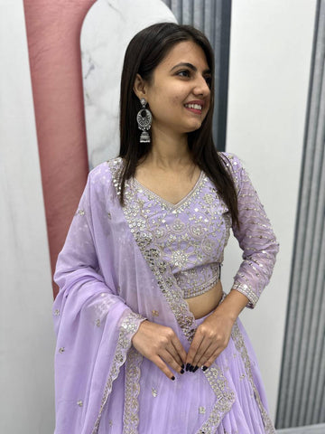 Heavy Sequence & Thread Work Rani Pink Georgette Ready to Wear Lehenga Choli Set