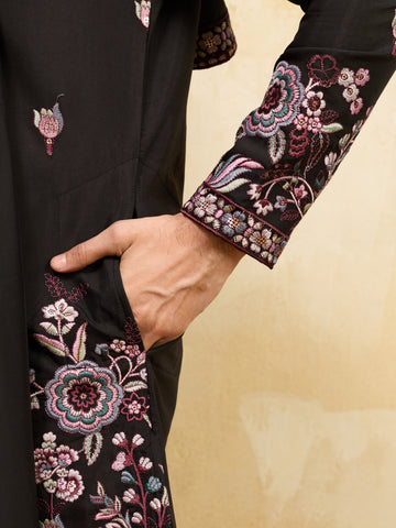 Royal Black Viscose Silk Kurta and Dupatta Set for Men Ethnic Wear
