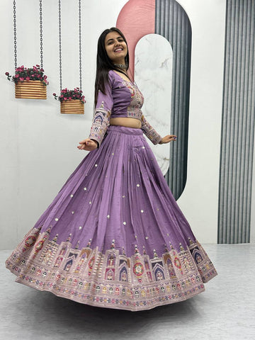 Pure Vichitra Silk Heavy Embroidery Coading Sequence & Thread Work Ready to Wear Lehenga Choli Set