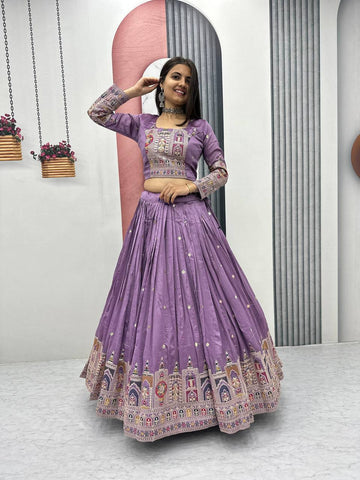 Pure Vichitra Silk Heavy Embroidery Coading Sequence & Thread Work Ready to Wear Lehenga Choli Set