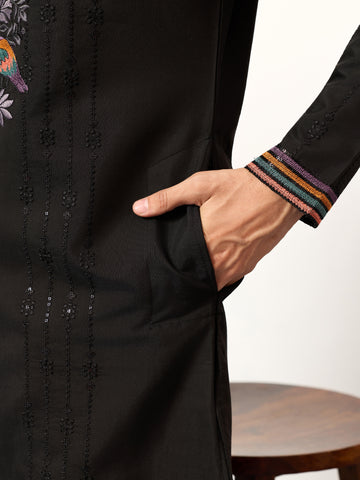 Party Wear Black V Neck Style Kurta Pant for Mens Wear