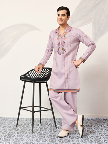 Royal Look Lavender V Neck Kurta Pant for Mens Wear