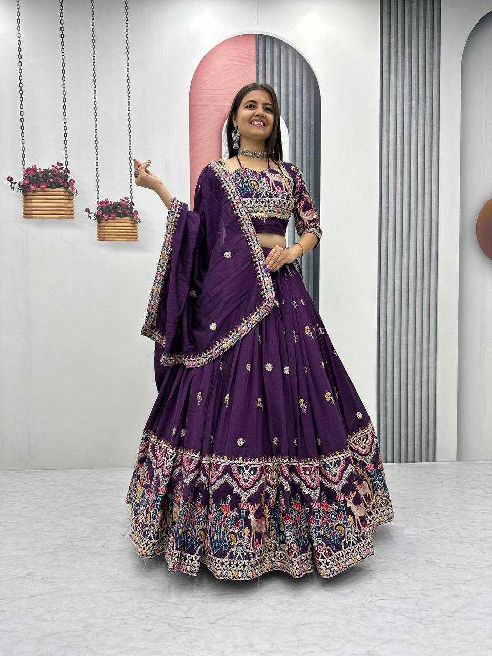 Pure Vichitra Embroidery Sequence Work Lehenga Choli Set