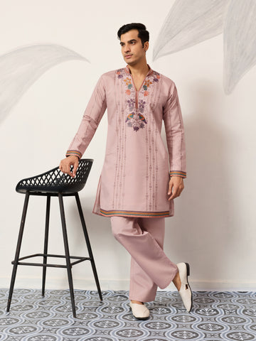Classic Pink Embroidered V Neck Kurta Pant Outfit for Mens Wear