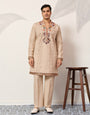 Premium Beige Embroidered V Neck Kurta Pant Set