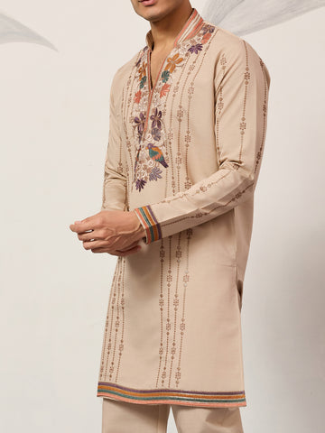 Premium Beige Embroidered V Neck Kurta Pant Set