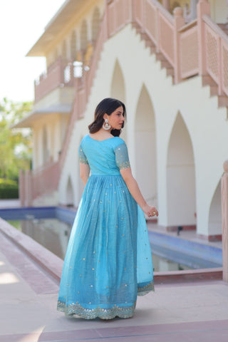 Stunning Gold Crush with Multi Thread Embroidery Zari Sequins Work Gown