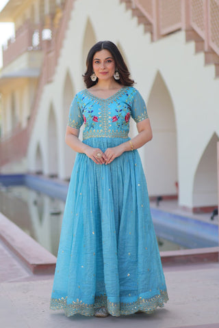 Stunning Gold Crush with Multi Thread Embroidery Zari Sequins Work Gown