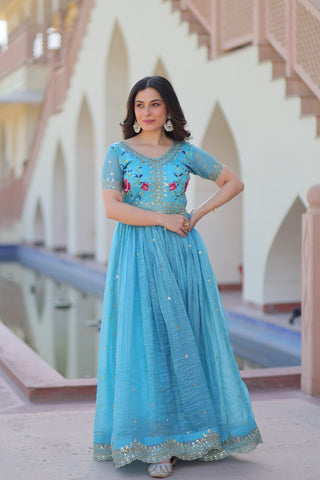 Stunning Gold Crush with Multi Thread Embroidery Zari Sequins Work Gown