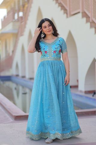 Stunning Gold Crush with Multi Thread Embroidery Zari Sequins Work Gown