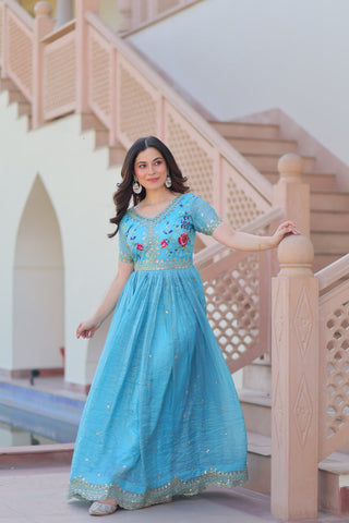 Stunning Gold Crush with Multi Thread Embroidery Zari Sequins Work Gown