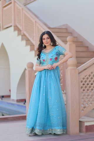 Stunning Gold Crush with Multi Thread Embroidery Zari Sequins Work Gown