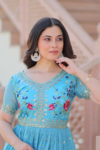 Stunning Gold Crush with Multi Thread Embroidery Zari Sequins Work Gown