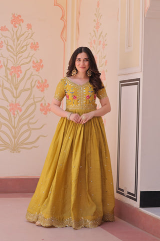Stunning Gold Crush with Multi Thread Embroidery Zari Sequins Work Gown