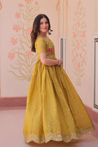 Stunning Gold Crush with Multi Thread Embroidery Zari Sequins Work Gown