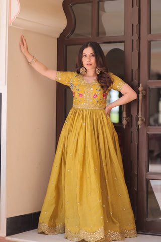 Stunning Gold Crush with Multi Thread Embroidery Zari Sequins Work Gown