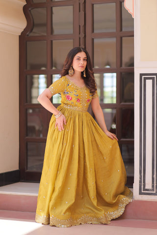 Stunning Gold Crush with Multi Thread Embroidery Zari Sequins Work Gown