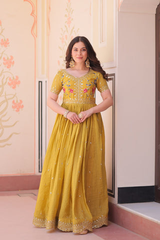 Stunning Gold Crush with Multi Thread Embroidery Zari Sequins Work Gown