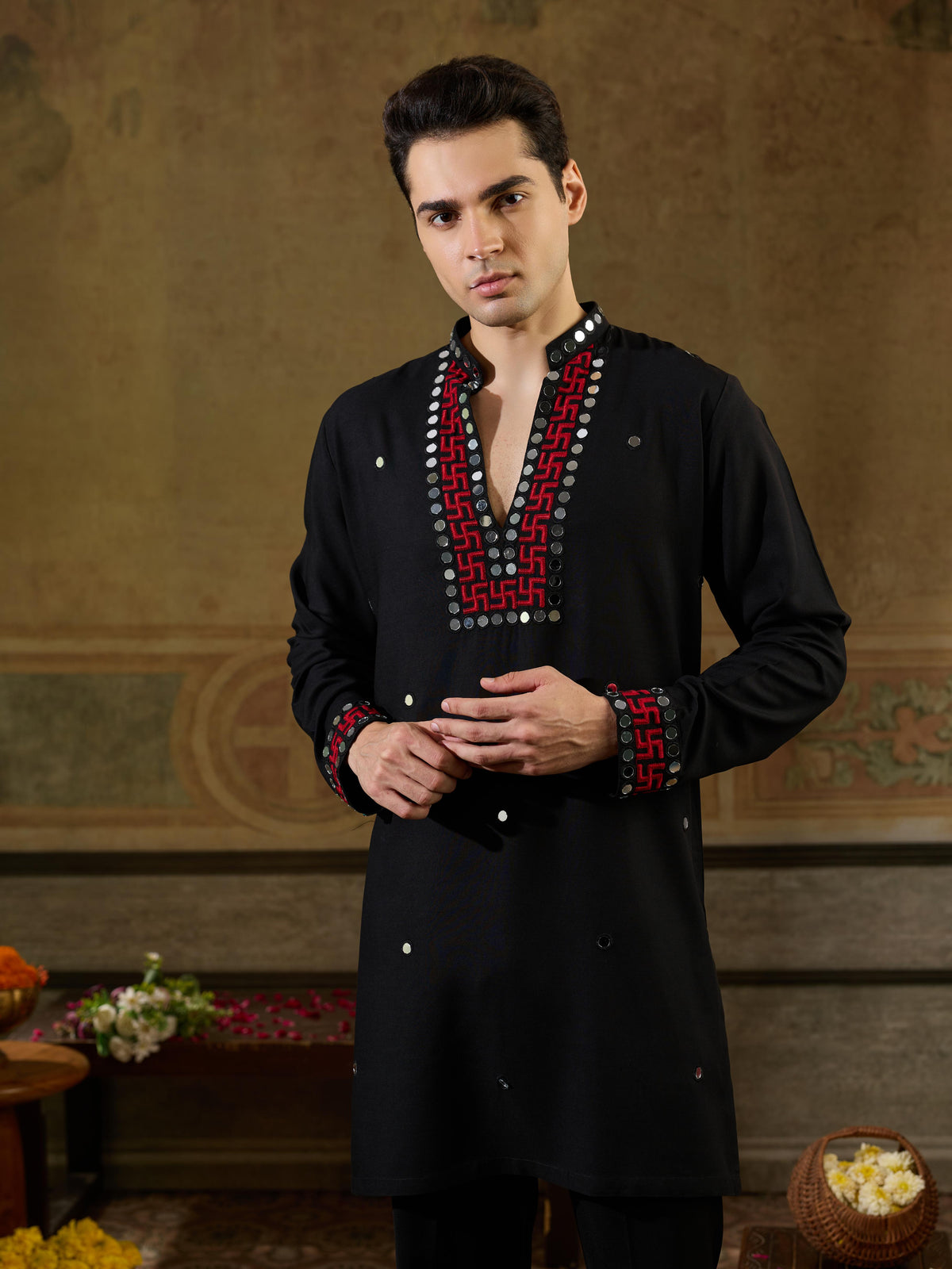Black Rayon Embroidery Mirror Work Kurta Set | Tulip Designer