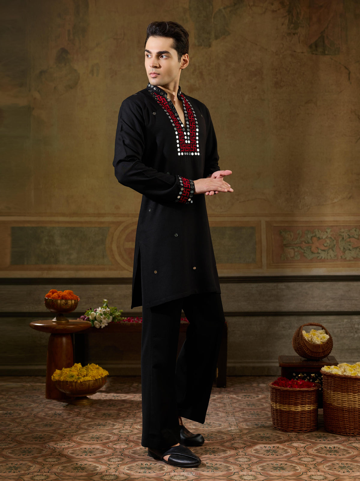 Black Rayon Embroidery Mirror Work Kurta Set | Tulip Designer