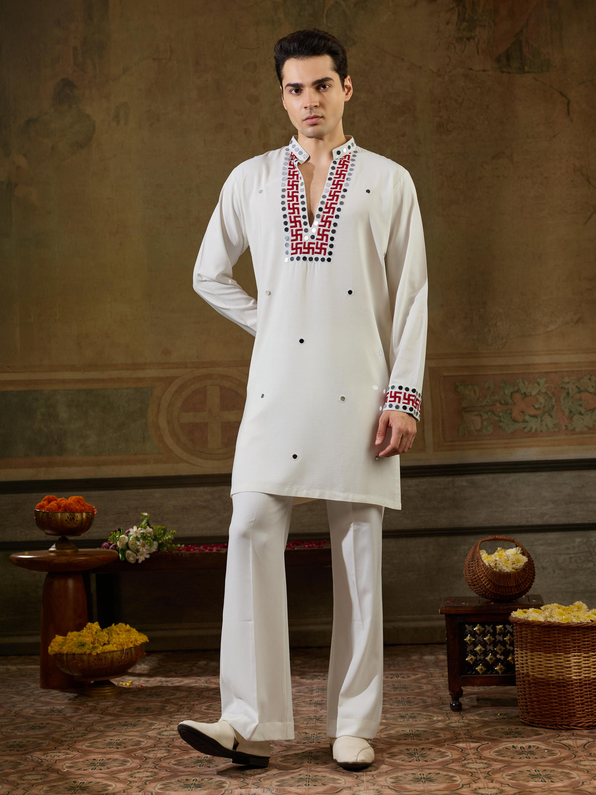 White Rayon Mirror Mens Kurta Set | Tulip Designer