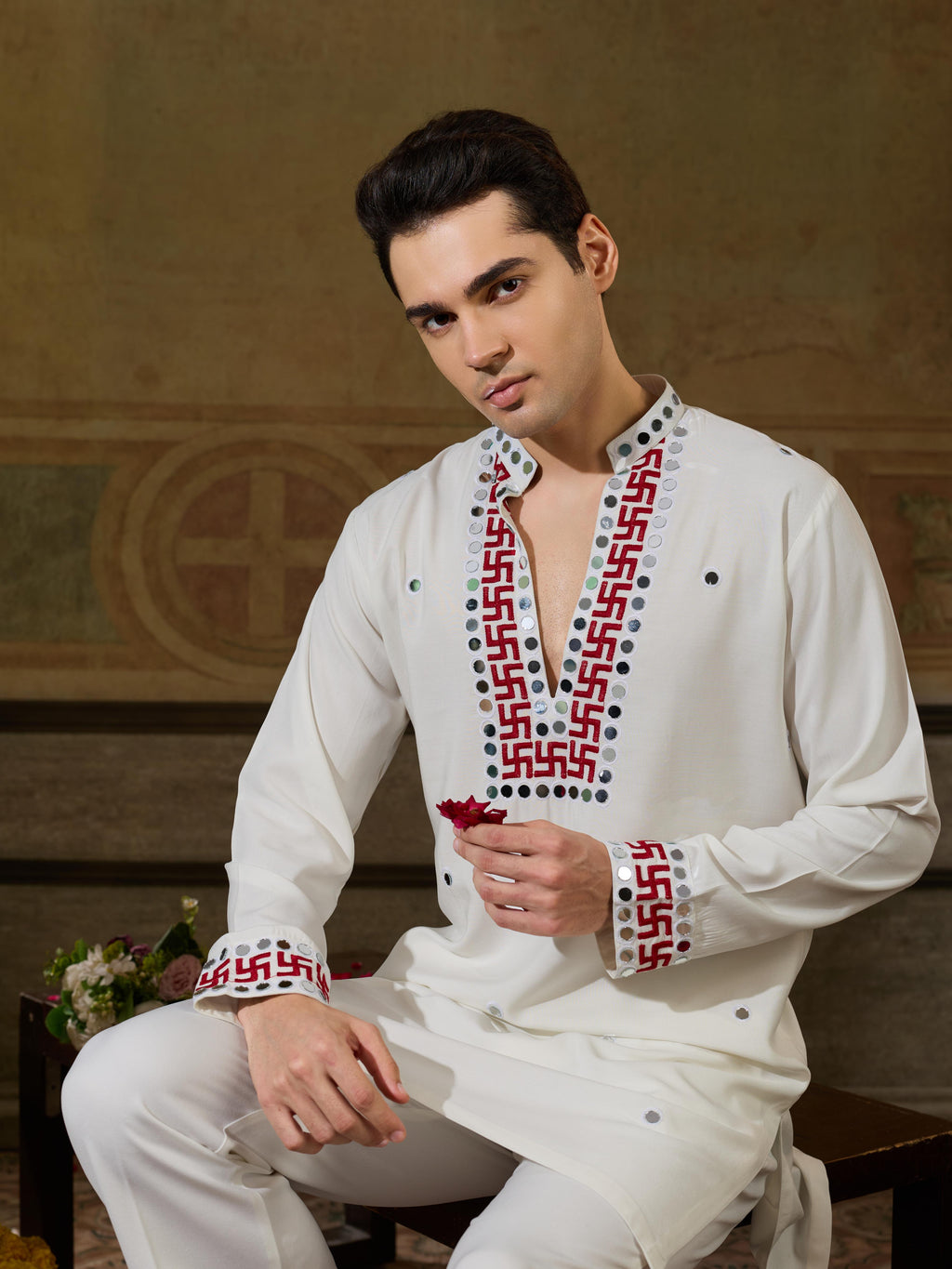 White Rayon Mirror Mens Kurta Set | Tulip Designer