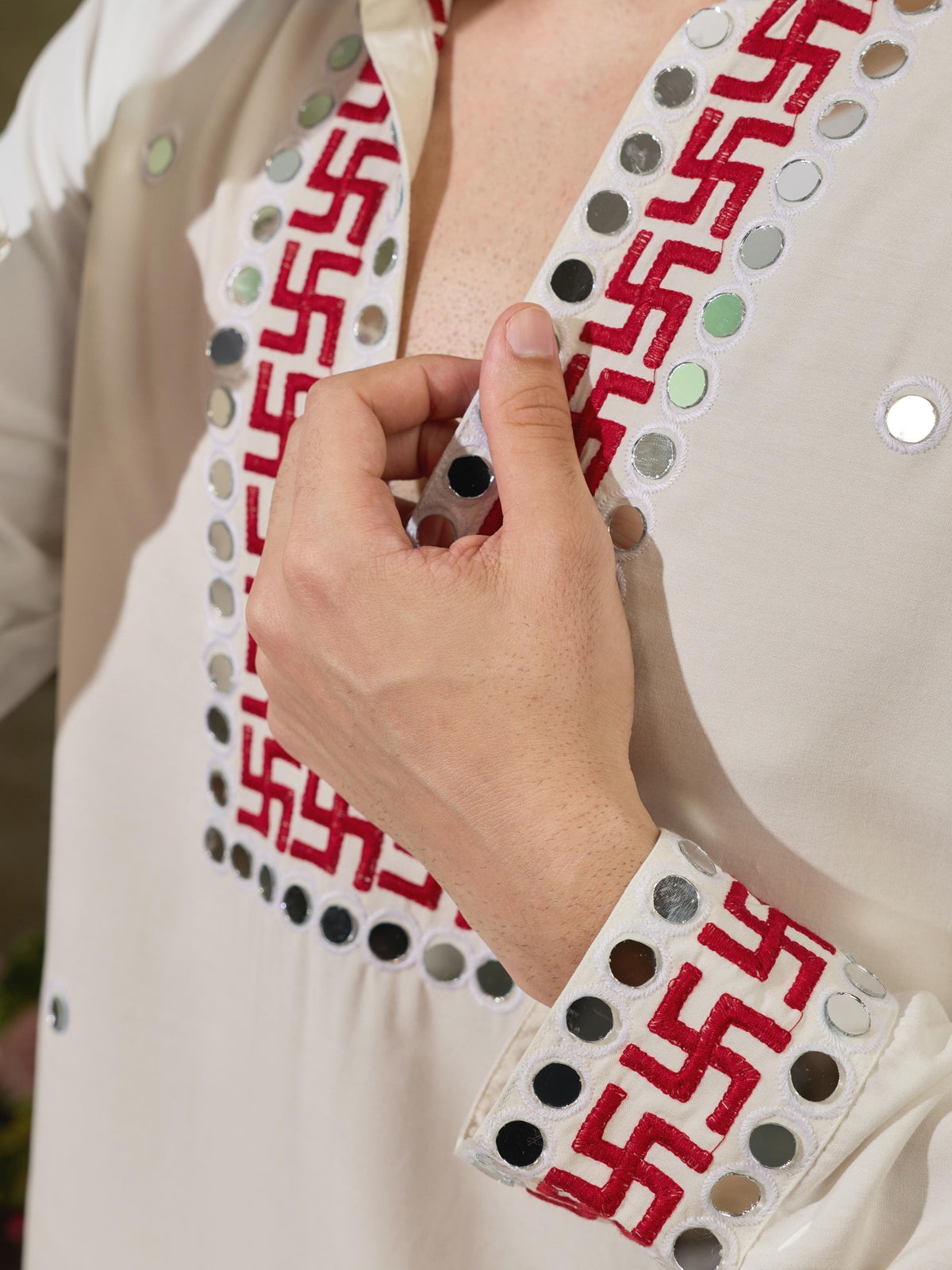 White Rayon Mirror Mens Kurta Set | Tulip Designer