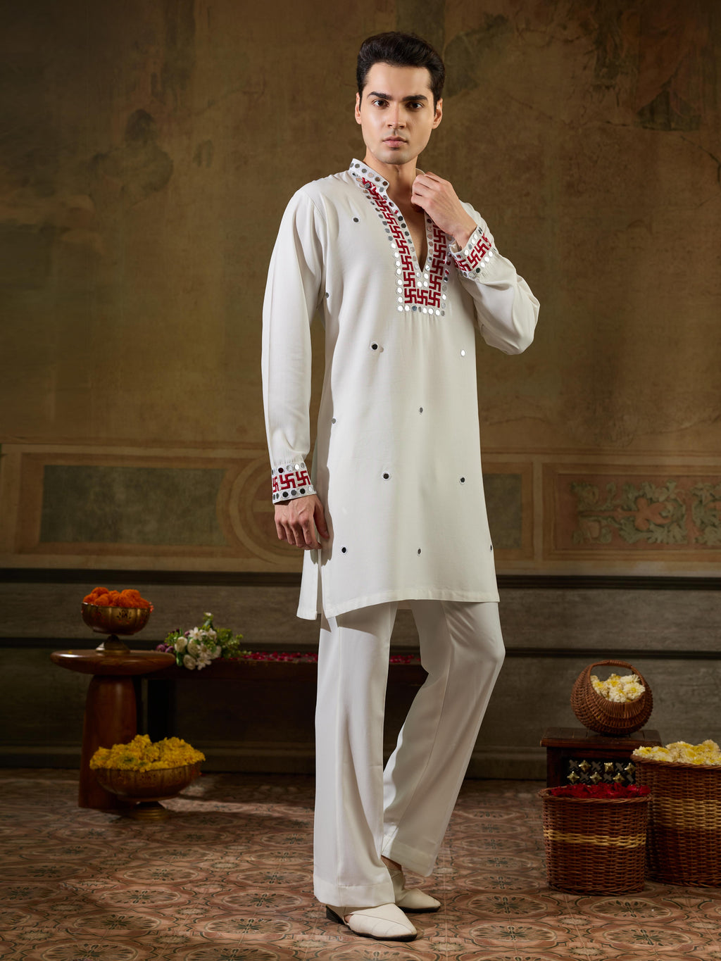 White Rayon Mirror Mens Kurta Set | Tulip Designer