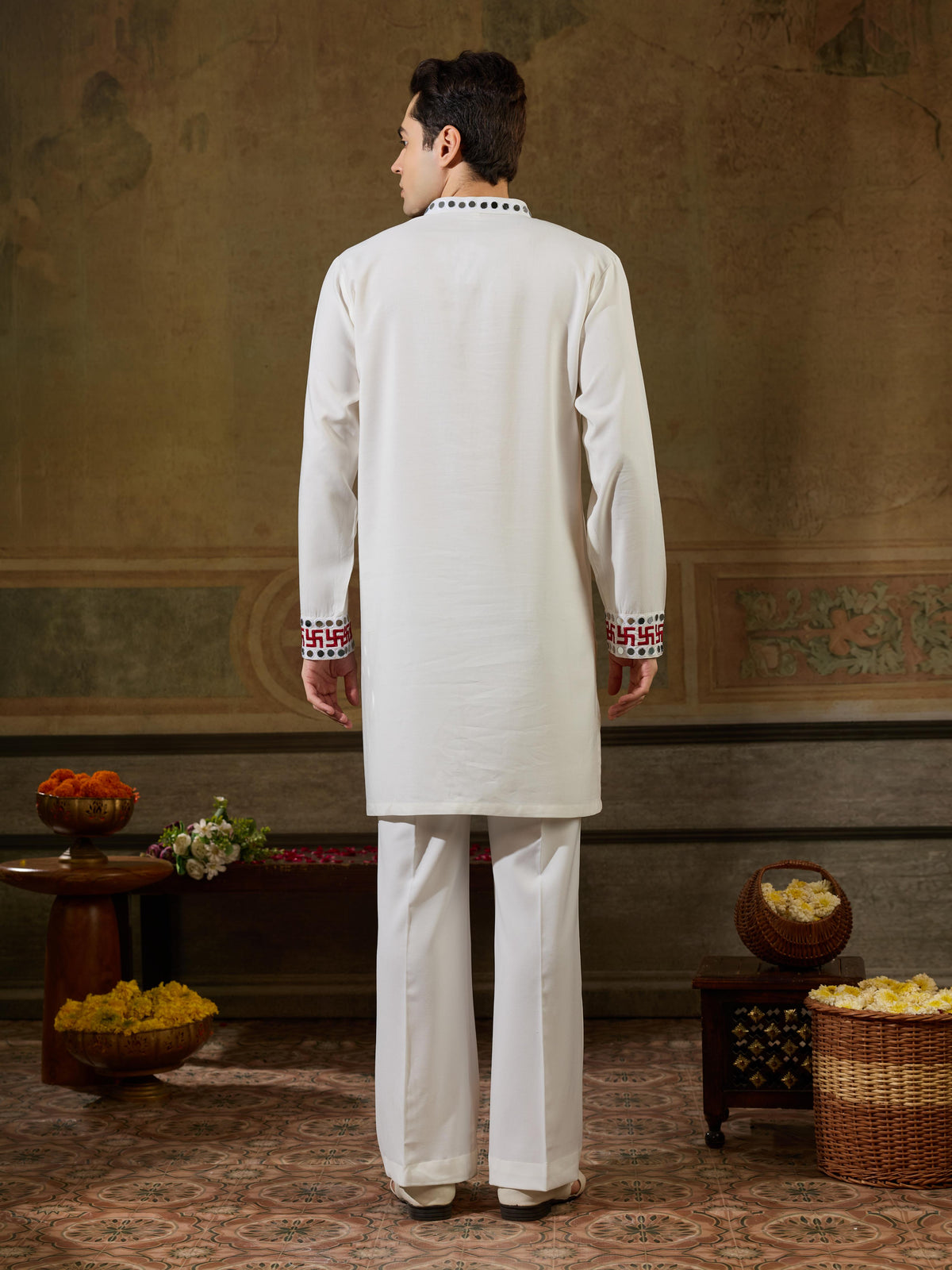 White Rayon Mirror Mens Kurta Set | Tulip Designer
