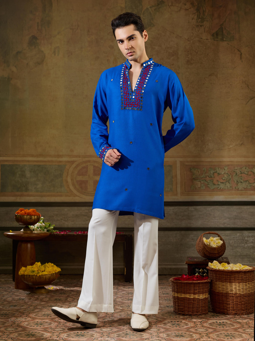 Royal Blue Rayon Mirror V Neck Kurta Set | Tulip Designer
