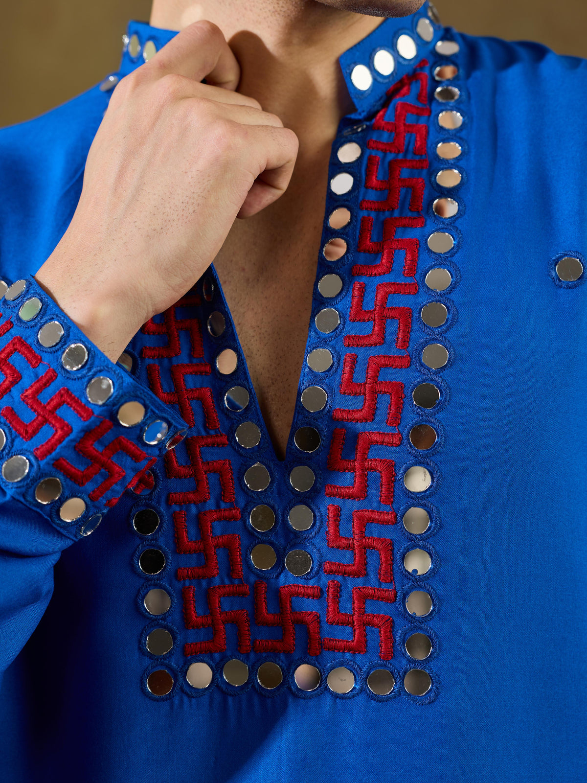 Royal Blue Rayon Mirror V Neck Kurta Set | Tulip Designer