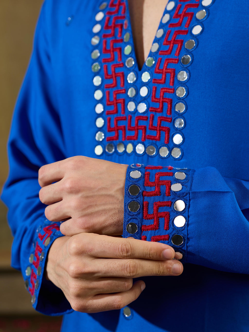 Royal Blue Rayon Mirror V Neck Kurta Set | Tulip Designer