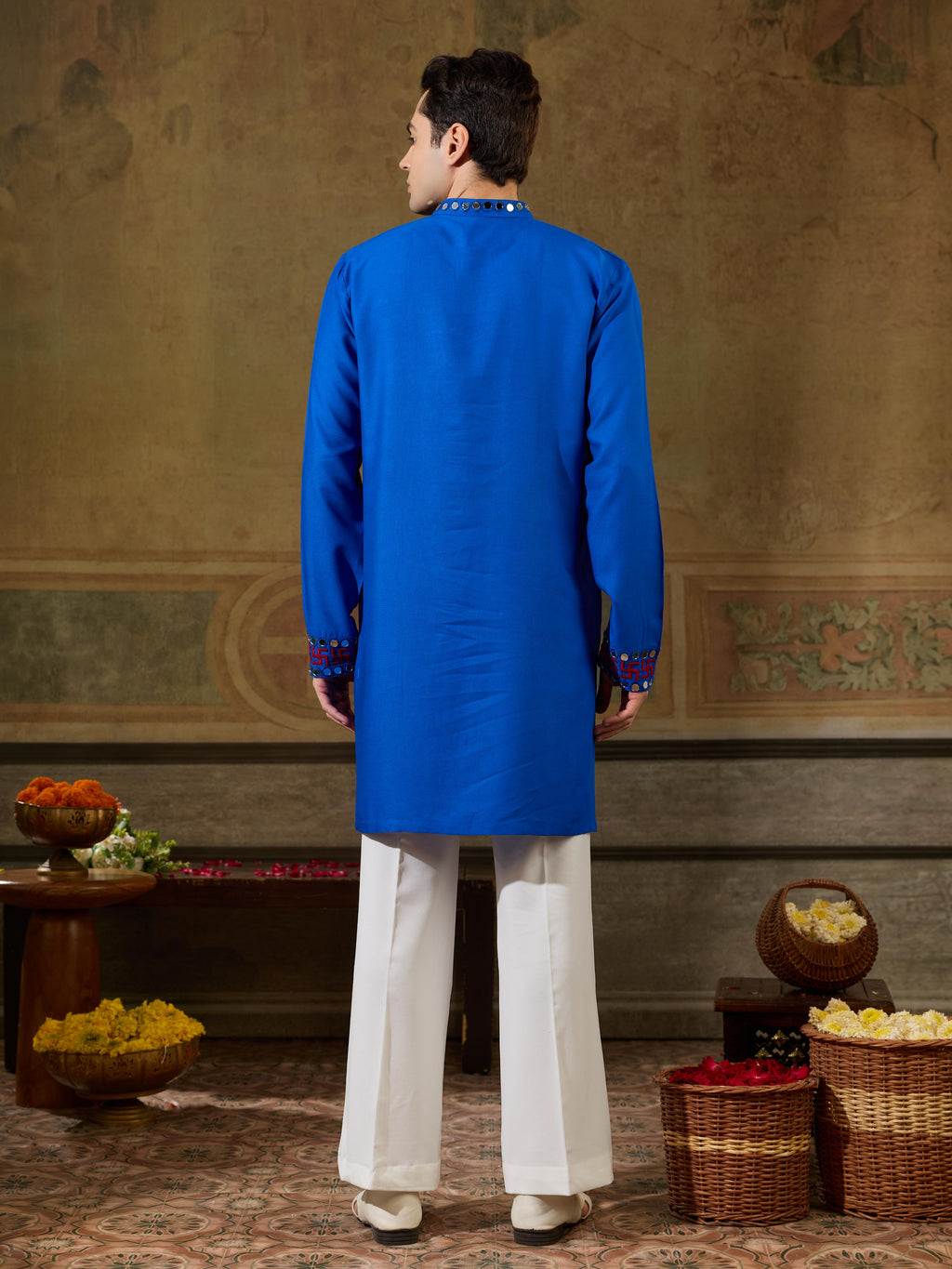 Royal Blue Rayon Mirror V Neck Kurta Set | Tulip Designer