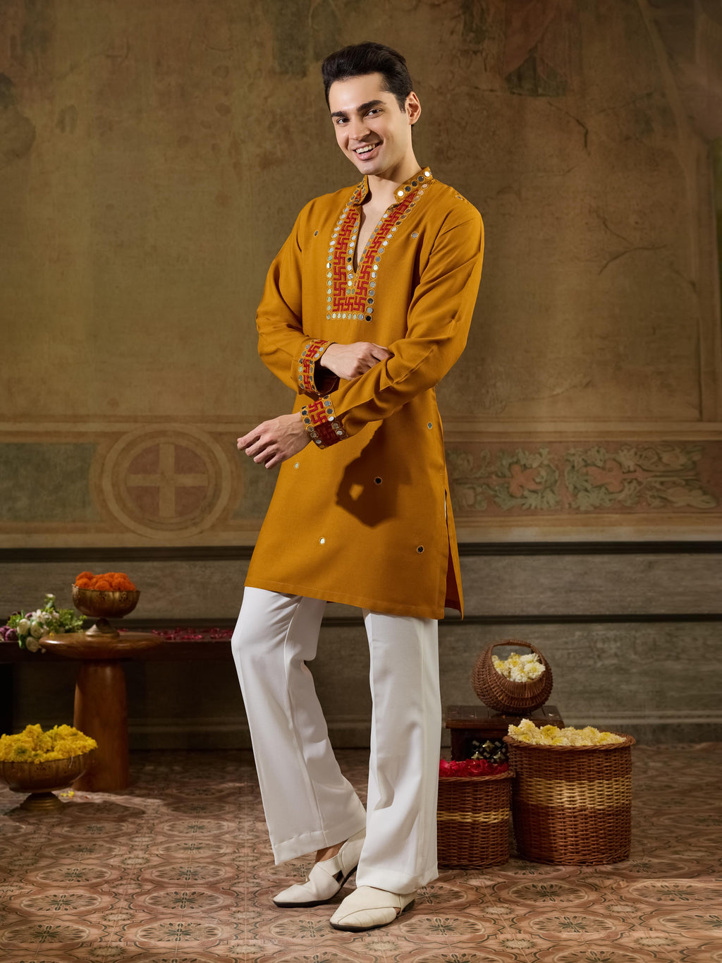 Classic Mustard Rayon V Neck Kurta Set | Tulip Designer