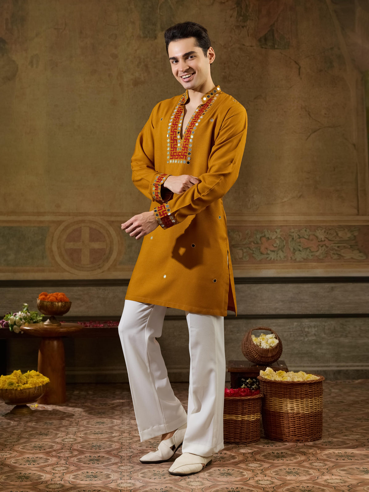Classic Mustard Rayon V Neck Kurta Set | Tulip Designer