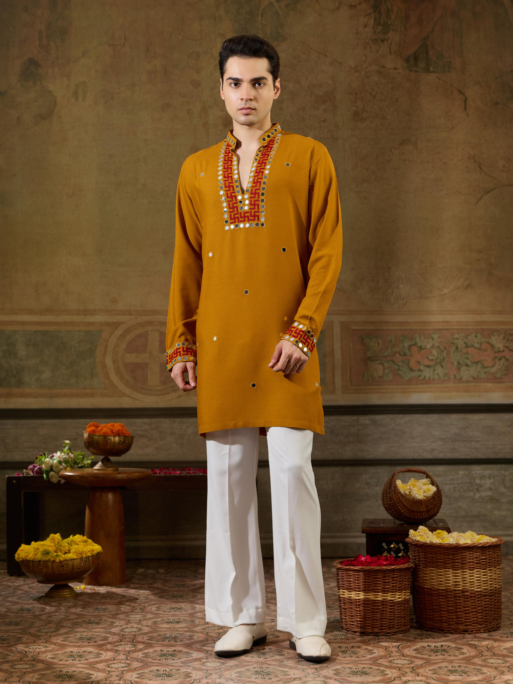 Classic Mustard Rayon V Neck Kurta Set | Tulip Designer