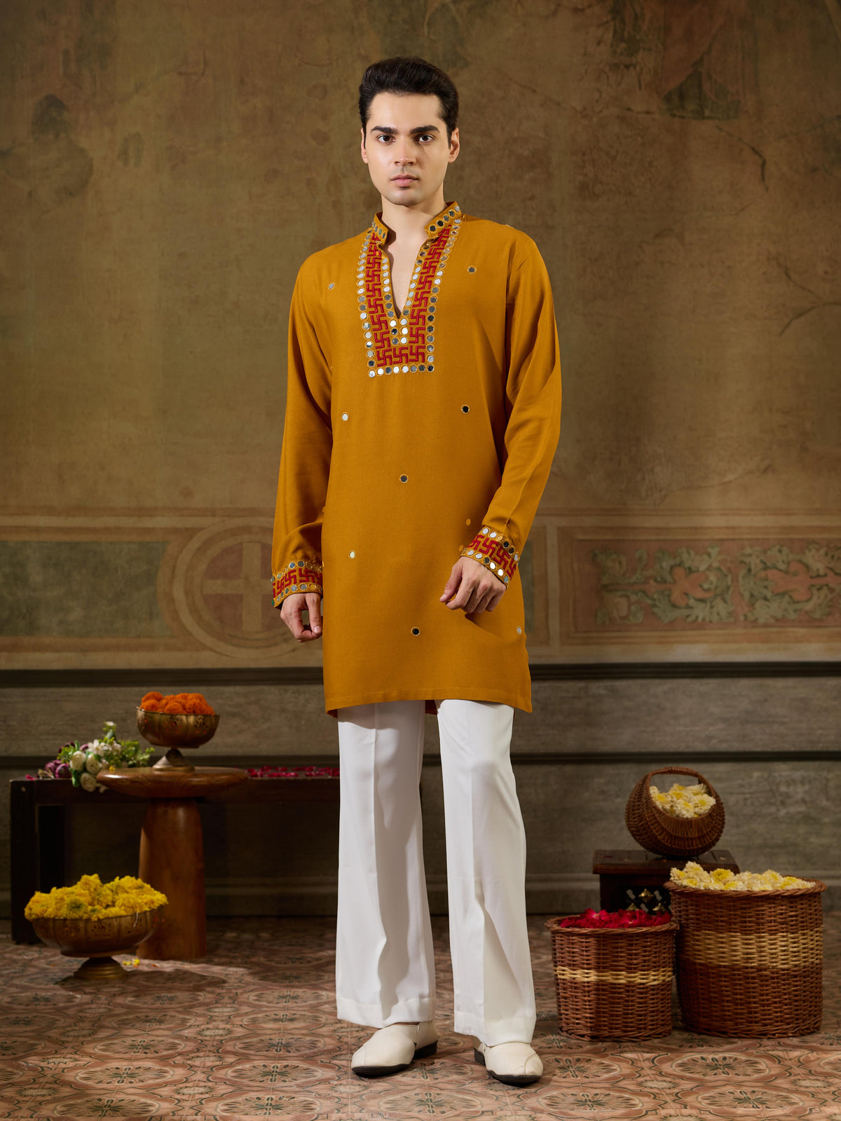 Classic Mustard Rayon V Neck Kurta Set | Tulip Designer