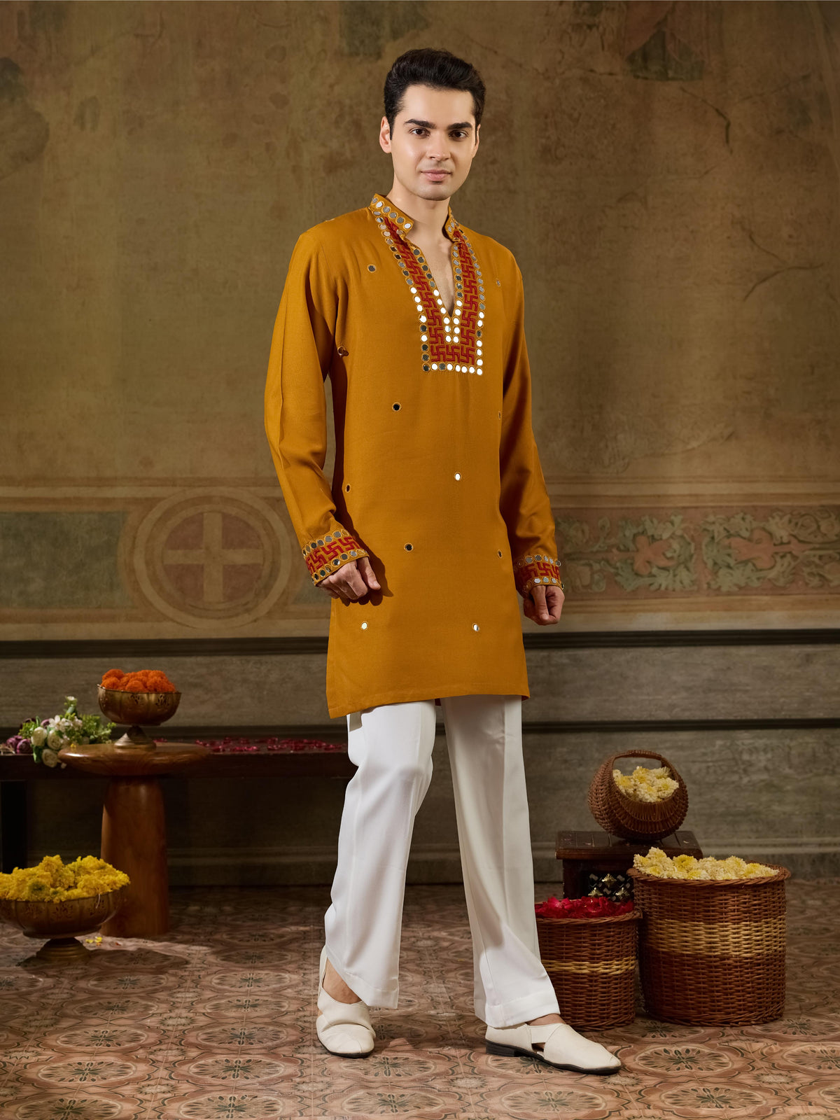 Classic Mustard Rayon V Neck Kurta Set | Tulip Designer