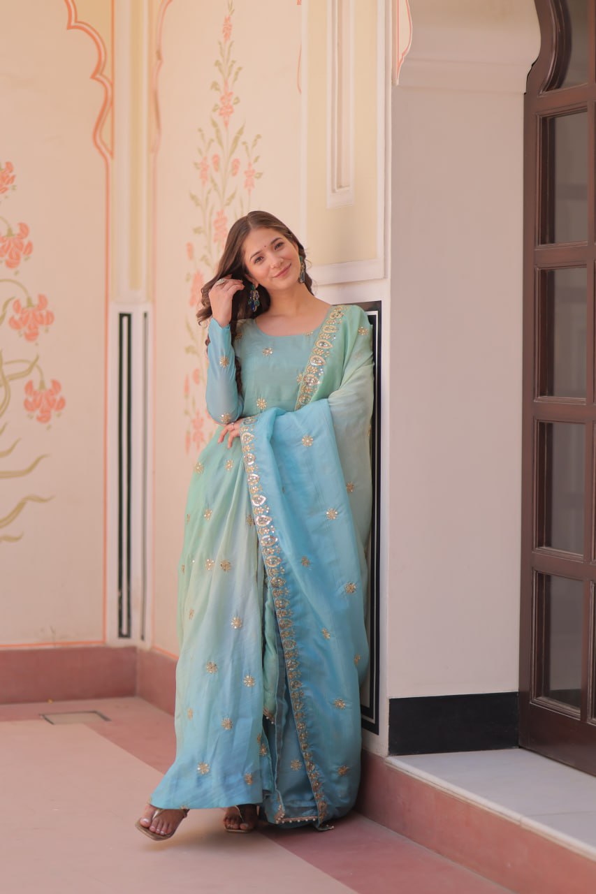 Premium Padding Gold Organza  With Sequins-Multi & Zari Embroidered Work