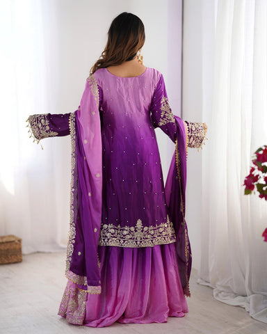 Premium Chinnon Silk with Coding Dori with Sequence with Rivet Moti Work Fancy Suit Set
