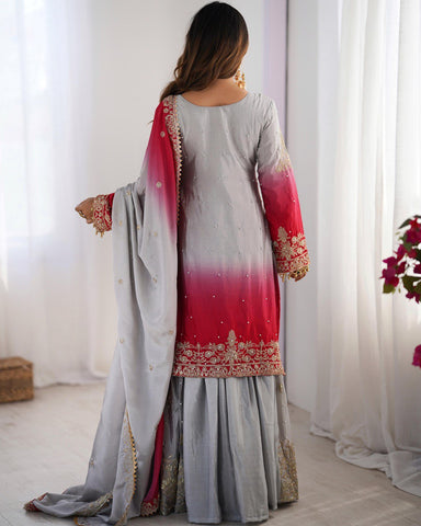 Premium Chinnon Silk with Coding Dori with Sequence with Rivet Moti Work Fancy Suit Set
