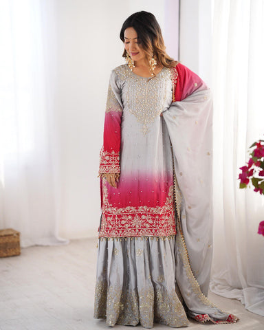 Premium Chinnon Silk with Coding Dori with Sequence with Rivet Moti Work Fancy Suit Set