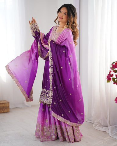 Premium Chinnon Silk with Coding Dori with Sequence with Rivet Moti Work Fancy Suit Set