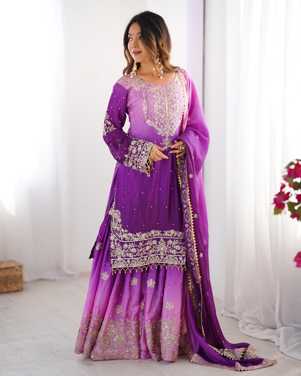 Premium Chinnon Silk with Coding Dori with Sequence with Rivet Moti Work Fancy Suit Set