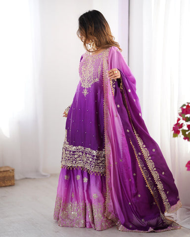 Premium Chinnon Silk with Coding Dori with Sequence with Rivet Moti Work Fancy Suit Set