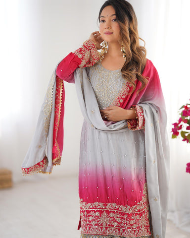 Premium Chinnon Silk with Coding Dori with Sequence with Rivet Moti Work Fancy Suit Set