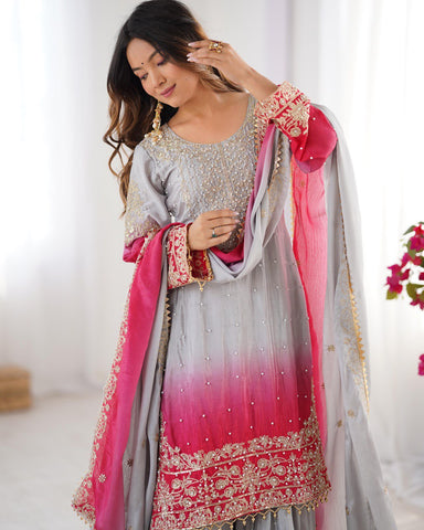 Premium Chinnon Silk with Coding Dori with Sequence with Rivet Moti Work Fancy Suit Set